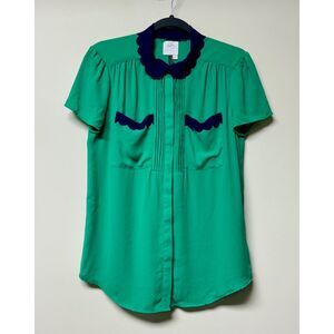 ANTHROPOLOGIE HD in PARIS Scallop Green/Blue Trim Button Up Blouse, Sz 4